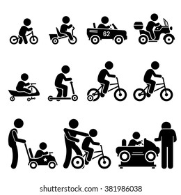 Small Children Riding Toy Vehicles and Bicycle Stick Figure Pictogram Icons