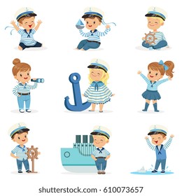 Small Children In Sailors Costumes Dreaming Of Sailing The Seas, Playing With Toys Adorable Cartoon Characters