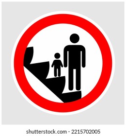 Small children shall be held firmly. Prohibition sign. Escalator icon.