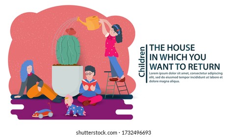 Small children sit near a cactus with flower and a girl watering it. A concept banner design,websites and postcards, vector flat illustration