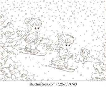 Small children skiing down a snow hill in a snow-covered winter park, black and white outline vector illustration in a cartoon style for a coloring book