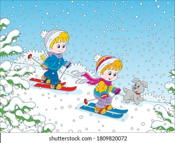 Small children skiing down a snow hill in a snow-covered winter park, vector cartoon illustration