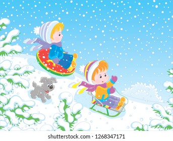 Small children sledding down a snow hill in a snow-covered winter park, vector illustration in a cartoon style