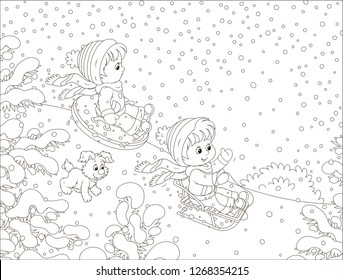 Small children sledding down a snow hill in a snow-covered winter park, black and white vector illustration in a cartoon style for a coloring book