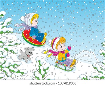 Small children sledding down a snow hill in a snow-covered winter park, vector cartoon illustration