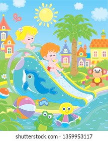 Small children sliding down from a waterslide in a summer aquapark, vector illustration in a cartoon style
