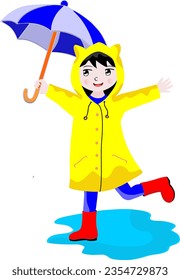 small children use raincoats and umbrellas when playing in the rain