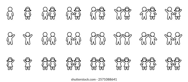 Small children. Young child. Baby boy and baby girl with hands up. Couple of infants. Kids hand in hand. Children of tender years. Preschool age. Outline icons set (thin line vector). Editable Strokes