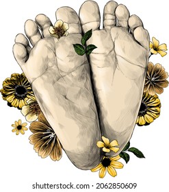 small children's feet foot forward decorated with flowers and leaves very cute, sketch vector graphics color illustration on white background