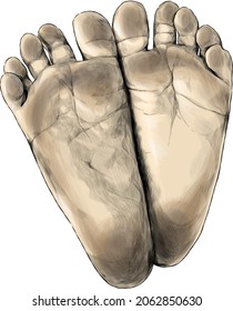 small children's feet foot forward stained dirty footprints, sketch vector Graphics color illustration on white background