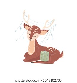 A small Christmas deer sitting with a gift on a white background. Christmas, winter illustratdeer, cute animal vector illustration, deer illustration vector, cute deer cartoon illustration