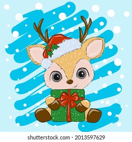 a small Christmas fawn on a blue background with snow