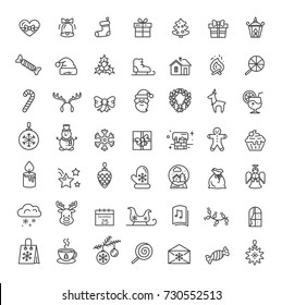 Small christmas icons set including, santa claus, forest reindeer, snowflakes and presents, stars and candles, wreath on vector in black and white