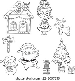 A small Christmas set with Santa Claus, Mrs. Santa and reindeer, houses and objects,text Polo norfe, for coloring children and your design