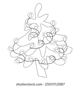 Small Christmas tree decorated with shining lights. Black and white. Outline. Winter vector illustration for coloring book. Worksheet.