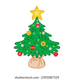 Pequeño árbol de Navidad decorado con decoraciones navideñas. Ilustración vectorial aislada en un fondo blanco. Perfecto para Navidad y diseño de vacaciones de Año Nuevo. El abeto festivo al estilo plano de las caricaturas.