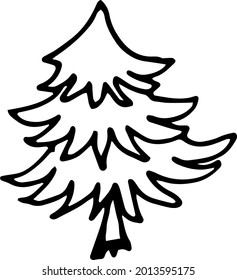 A small Christmas tree doodle. New Year, Christmas, winter holidays.Hand-drawn black and white vector illustration. An isolated object on a white background.