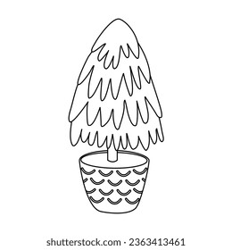 Small Christmas tree or pine in a pot, doodle style flat vector outline for coloring book