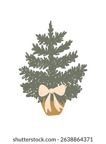 Small Christmas tree in a pot with a pink bow. Clip art, vector illustration