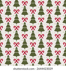 Small Christmas trees and candy canes isolated on white background. Cute seamless pattern. Vector simple flat graphic illustration. Texture.