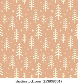 Small Christmas trees and snowflakes isolated on pink yellow background. Cute monochrome seamless pattern. Vector simple flat graphic illustration. Texture.