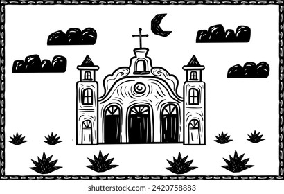 Small church in a country town. Vector in woodcut style