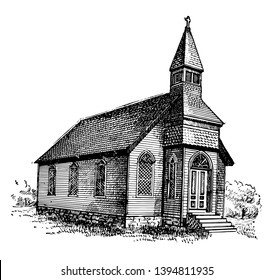 Small Church was established out of the city. Christians people go there for worship vintage line drawing or engraving illustration.