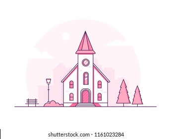 Small church - modern thin line design style vector illustration on white background. Pink colored composition with a facade of temple, lantern, bench, pine trees. Urban, suburban architecture