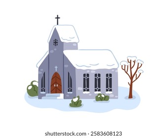 Small church in snowy winter season. Stone chapel with cross on snow-covered roof. Cozy peaceful Christian religious architecture, facade. Flat vector illustration isolated on white background