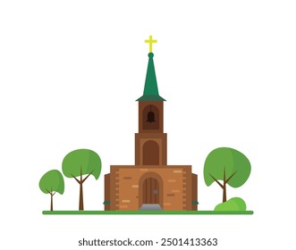 Small Church with Trees Flat Style. Religious construction and spirituality concept vector art