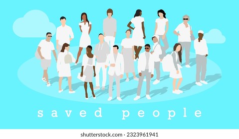 A small circle of people saved by Christ. Saved in heaven. All people are in white. Angels. Multiethnic group. The Kingdom of heaven. Flat vector illustration isolated on background.