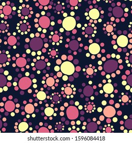 Small circles around large circles - cute doodle seamless pattern. Uneven, crooked circles like a flowers or childish pattern.  Purple, pink, yellow colors. Texture for clothes, textile, gift wrap.
