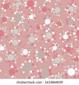 Small circles around large circles - seamless pattern. Cute doodle uneven, crooked circles like a flowers. Calm warm pastel colors - pink, rose, gray, white. Texture for clothes, textile, gift wrap.