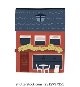 Small city business cafe exterior facade building with table, flat cartoon illustration. Cafeteria with terrace, bistro contemporary building