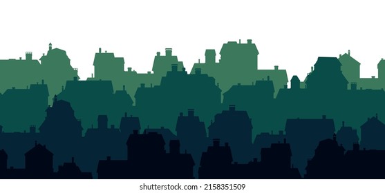 Small city houses residential quarters. Isolated on white background. Cityscape with buildings. Horizontal seamless composition. Housing silhouettes. Vector.