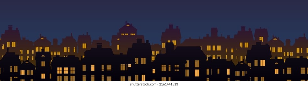 Small city houses residential quarters. Cityscape with buildings. Housing silhouettes. Horizontal seamless composition. Vector.