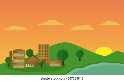 small city landscape with lake on sunset vector