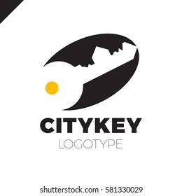 Small city Logo of the builder, house key isolated. Silhouette of the city's architecture. Vector illustration.