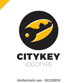 Small city Logo of the builder, house key isolated. Silhouette of the city's architecture. Vector illustration.