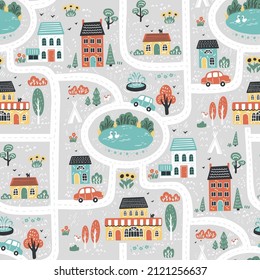 Small city with roads. Seamless pattern with vector hand drawn illustrations