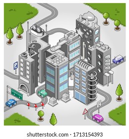 Small city with skyscrapers and streets leading into (isometric vector)