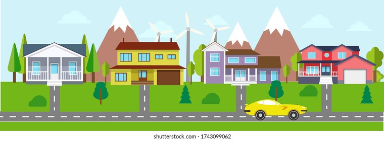 Small city urban landscape in flat design style, vector illustration. For banner, infographics, background, etc