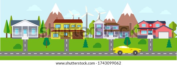 Small city urban\
landscape in flat design style, vector illustration. For banner,\
infographics, background,\
etc