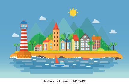 Small city urban landscape illustration. Cartoon cityscape on the mountains background near ocean sea beach. Harbor port village.