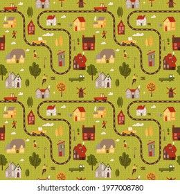 Small Citymap seamless pattern. Top voew of countryside with houses roads and cars Vector flat hand drawn illustration.