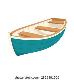 Small classic skiff boat with interior benches. Handcrafted vessel for lake fishing and maritime transportation.