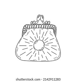 Small classic wallet. Coin holder. Concept of accumulation of savings, period of crisis. Black and white vector isolated illustration hand drawn