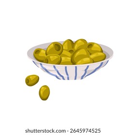 Small clay bowl with green olives isolated on white background composition. Vector hand drawn cartoon illustration for culinary, packaging, branding, menu design, stickers