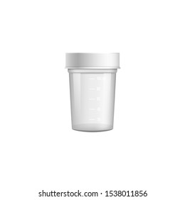 Small clear medical container for urine or stool sample with closed white lid - empty plastic cup with glossy glass texture isolated on white background - vector illustration