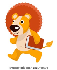Small clever lion carrying book, isolated animal character walking to school. Studying and education, knowledge obtaining and learning subjects. Literature and disciplines, vector in flat style